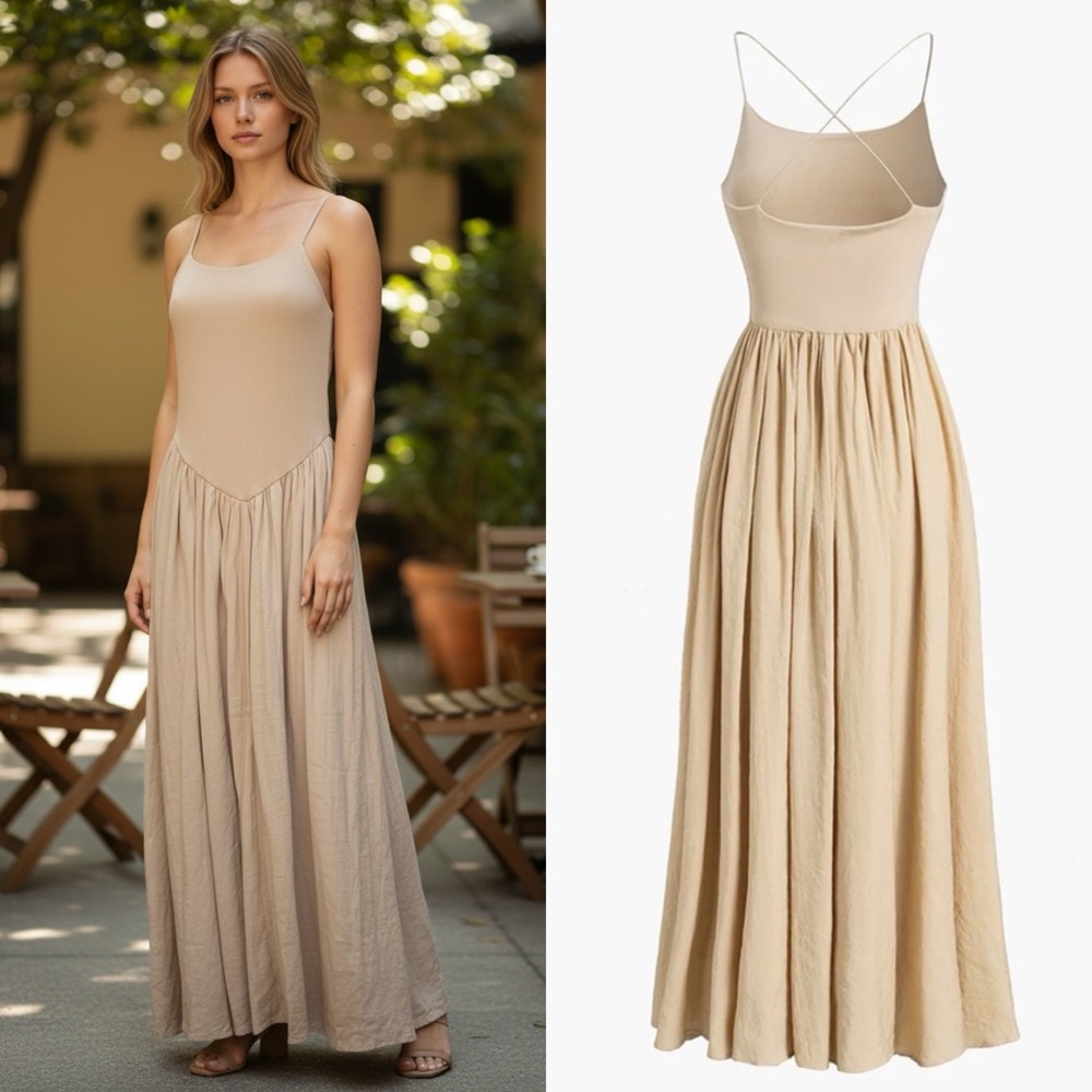 Commense Open Back Midi Tank Dress Apricot Beige - Picture 1 of 13